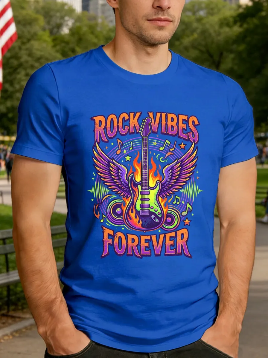 Men's Rock Music Lover Flaming Guitar Wings Printed T-shirt