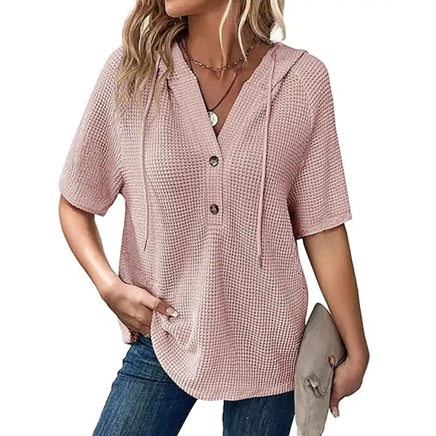 Waffle Knit Hooded Short Sleeve Blouse