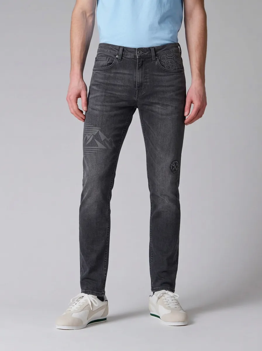 Men's Charcoal Grey Mountain Graphic Gear Stretch Jeans