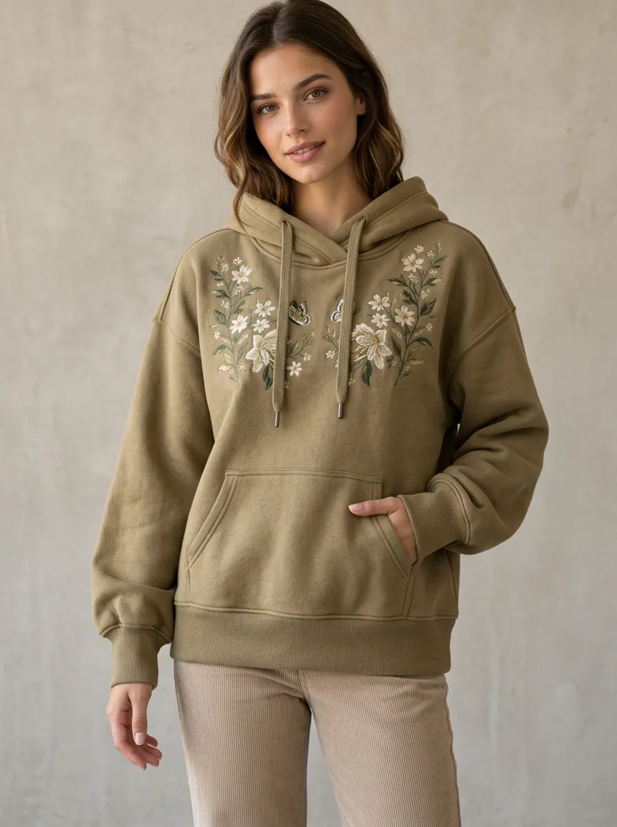 Women's Soft Style Floral Butterfly Embroidered Graphic Nature Hoodie