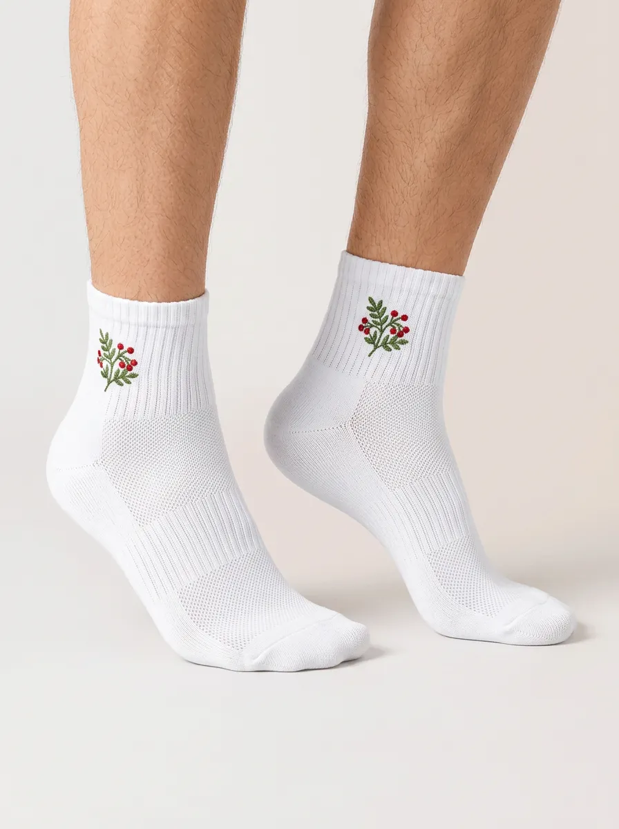 White Botanical Branch Embroidered Athletic Ankle Socks
