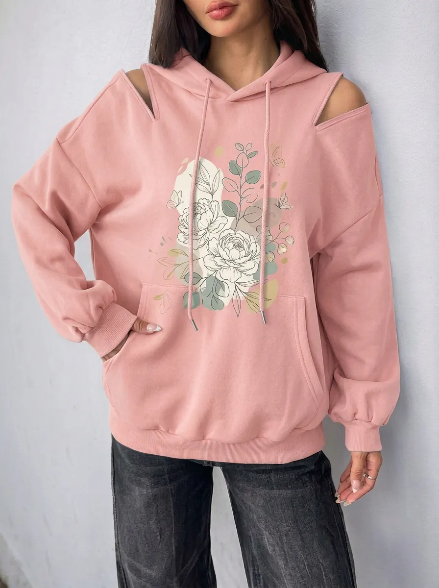 Women's Floral Botanical Butterfly Printed Cold Shoulder Hoodie