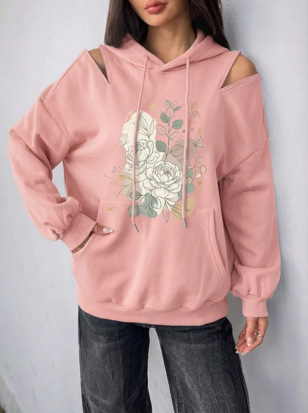 Women's Floral Botanical Butterfly Printed Cold Shoulder Hoodie