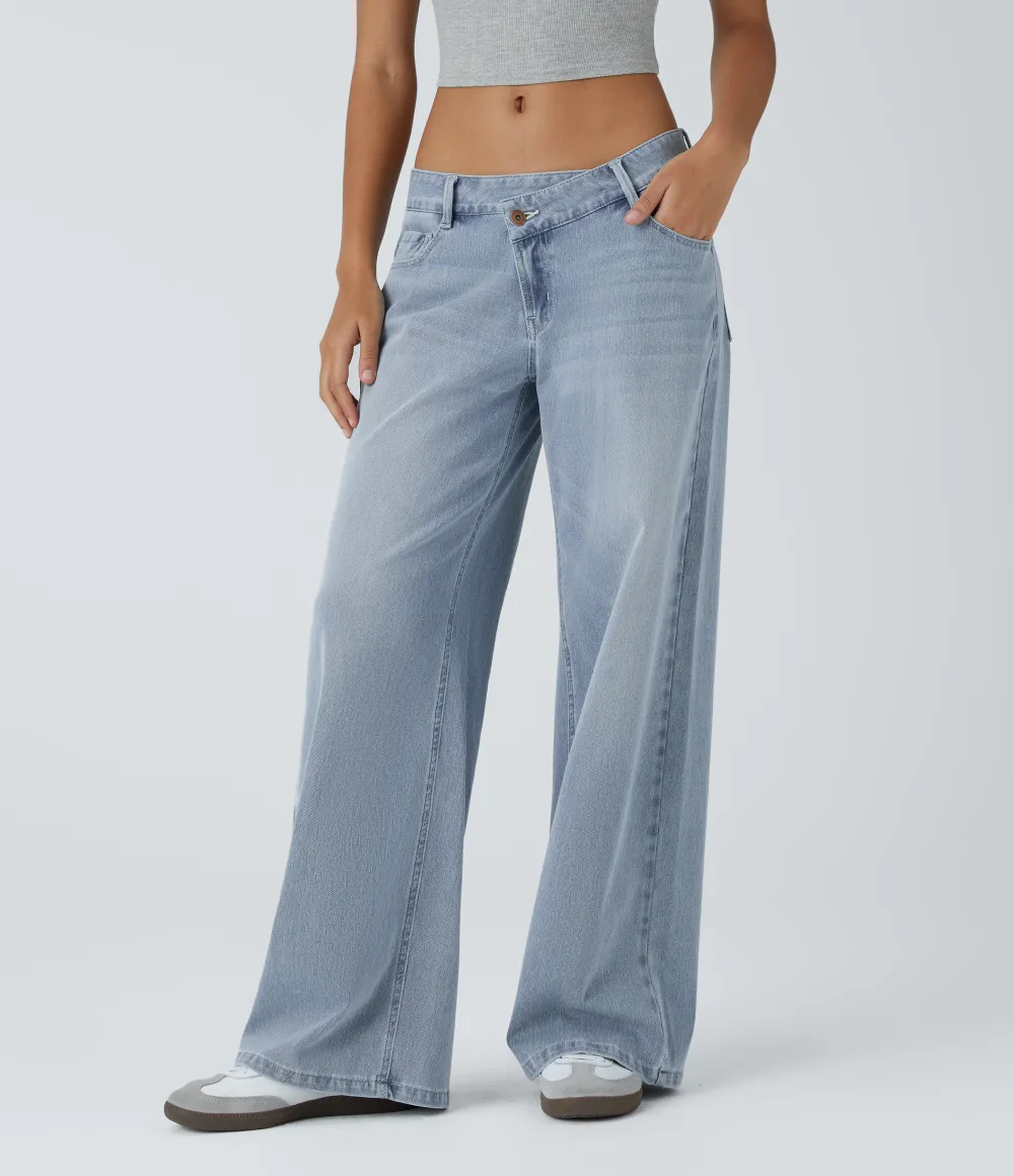 Asymmetric Low Rise Zipper Pockets Baggy Wide Leg Washed Casual Jeans