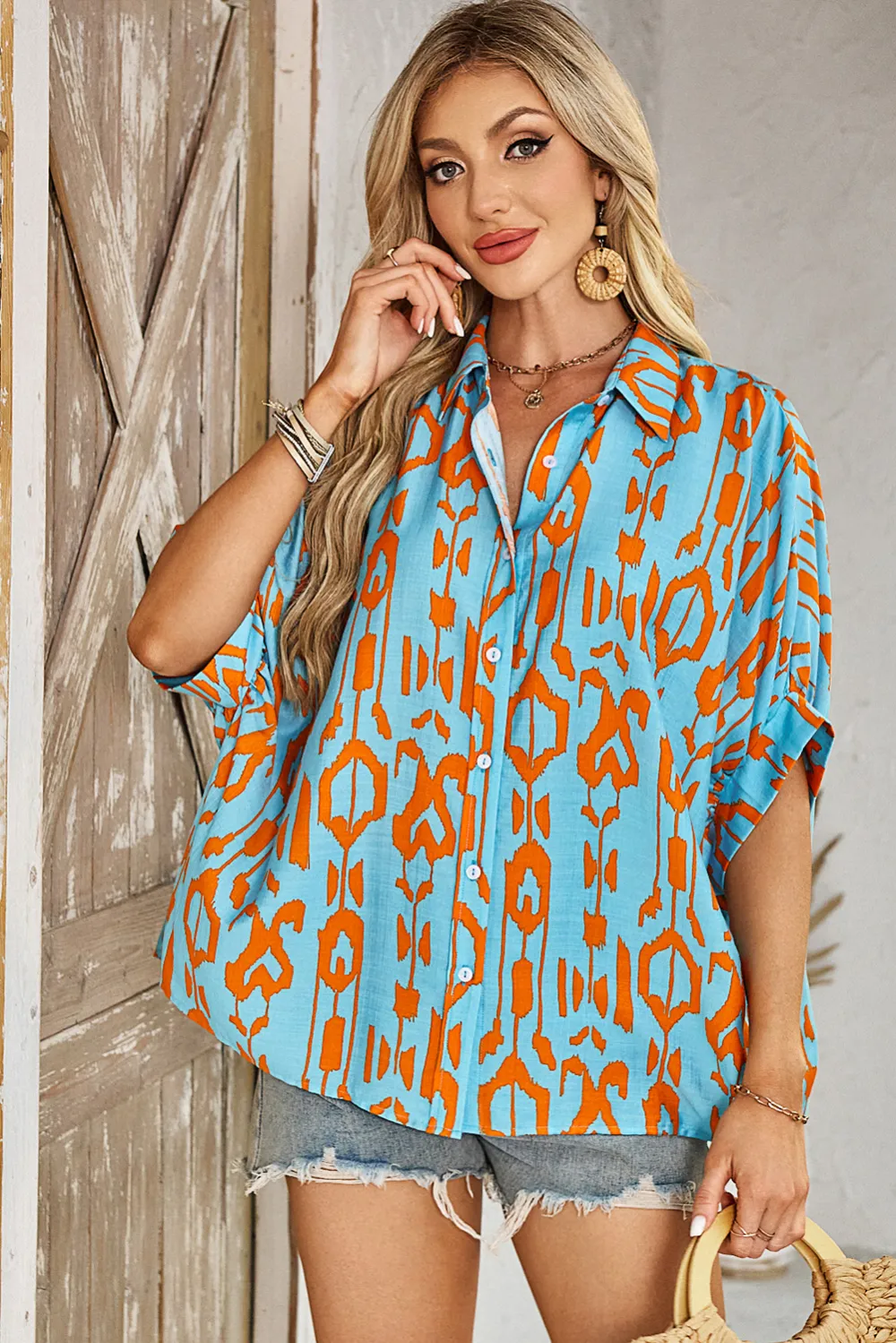 Sky Blue Abstract Print Dolman Shirt
