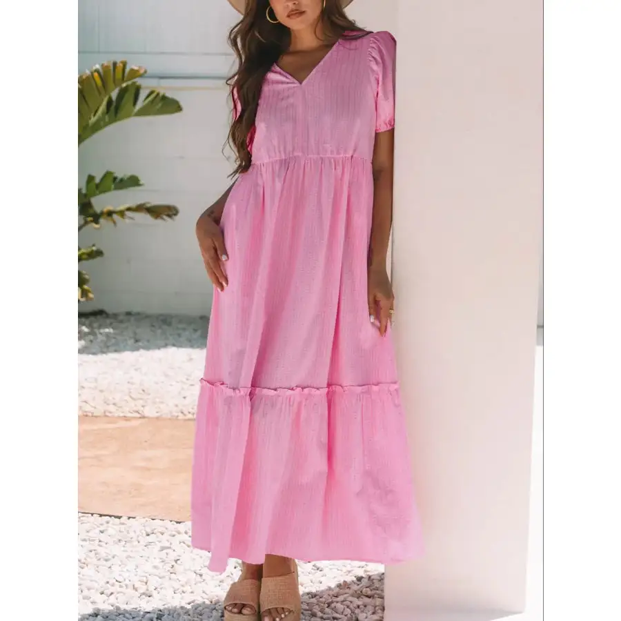 Striped Puff Sleeve V Neck Maxi Dress
