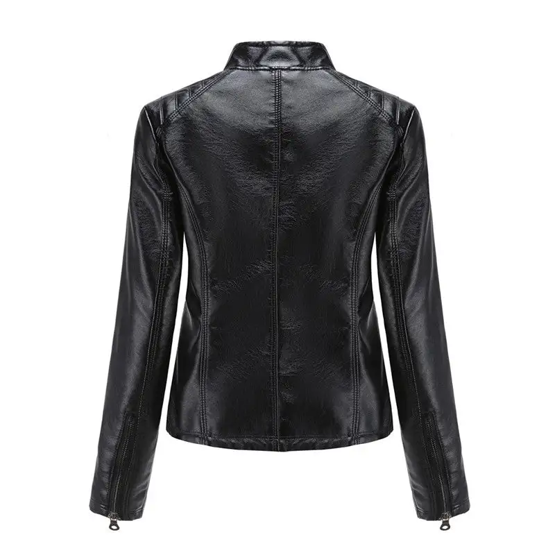 Relaxed Stand-Collar Faux-Leather Leather Casual Outerwear Jacket