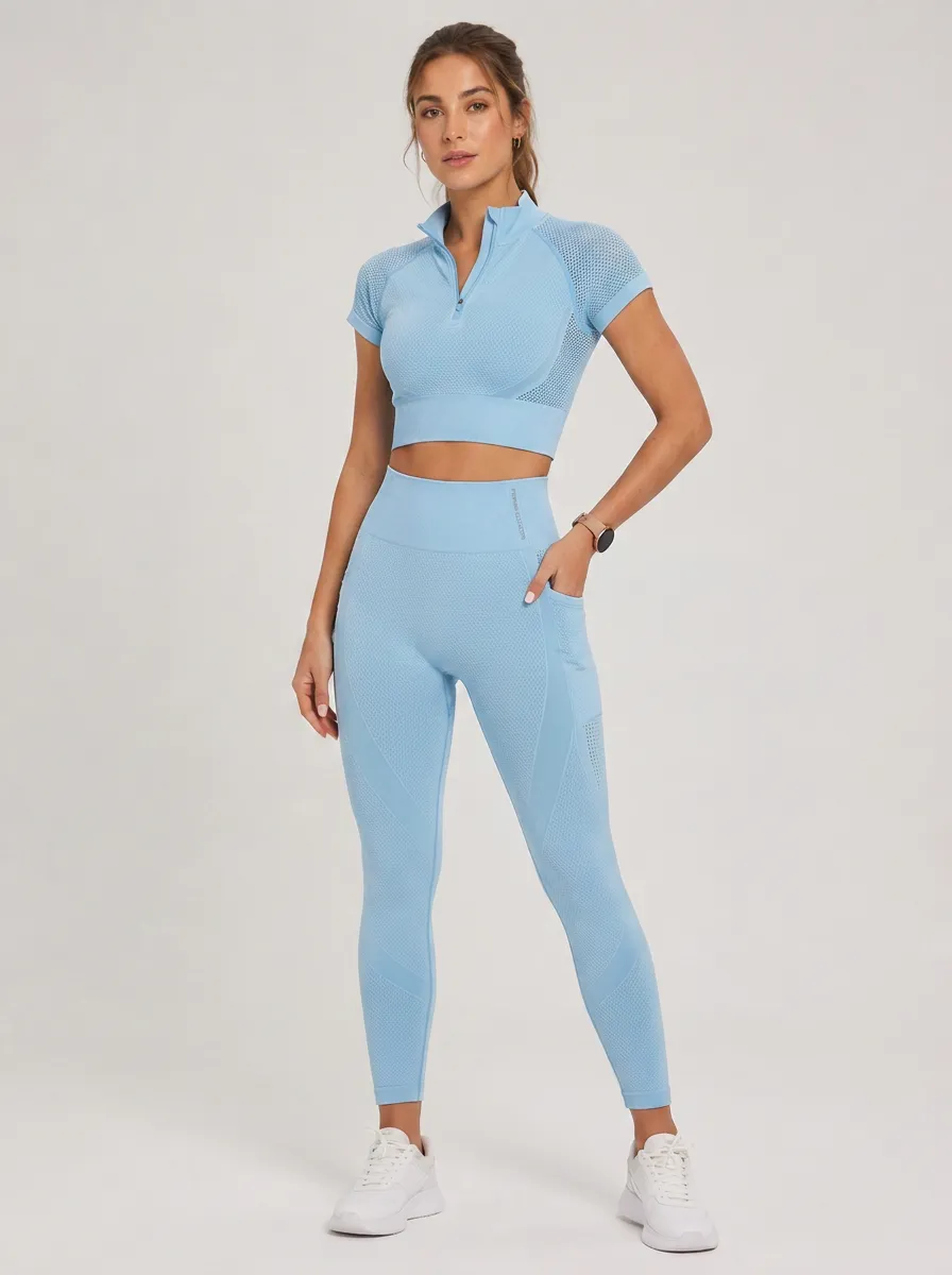 Women's Blue Seamless Gym Workout Printed Yoga Set