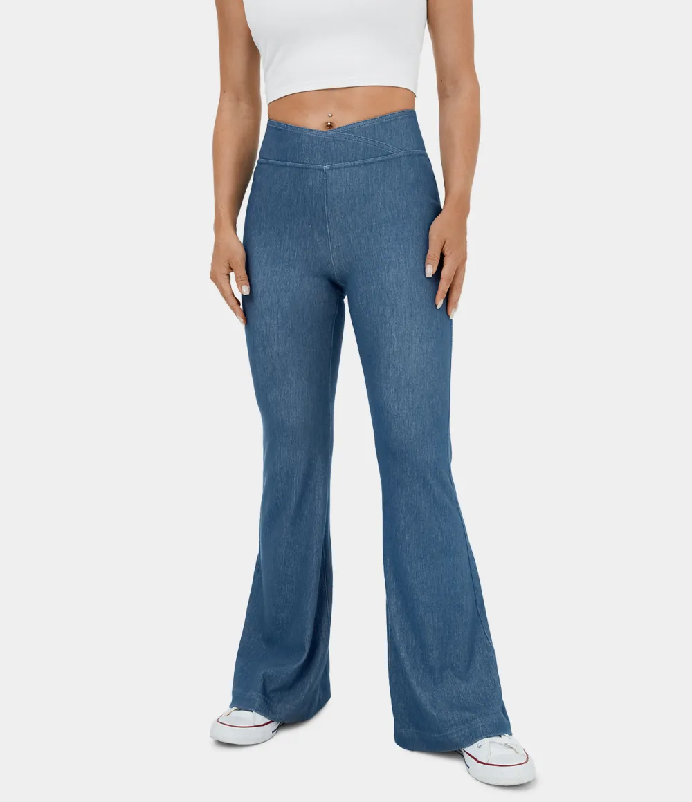 Magic High Waisted Crossover Back Pocket Stretchy Knit Casual Flare Jeans