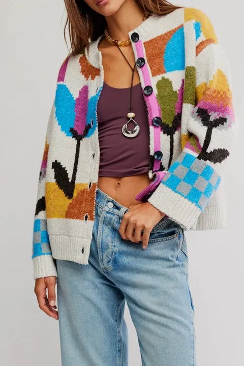 Abstract Colorful Art Knit Cardigan