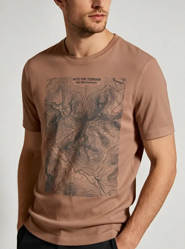 Men's Outdoor Hiking Lover Topographic Map Printed T-shirt