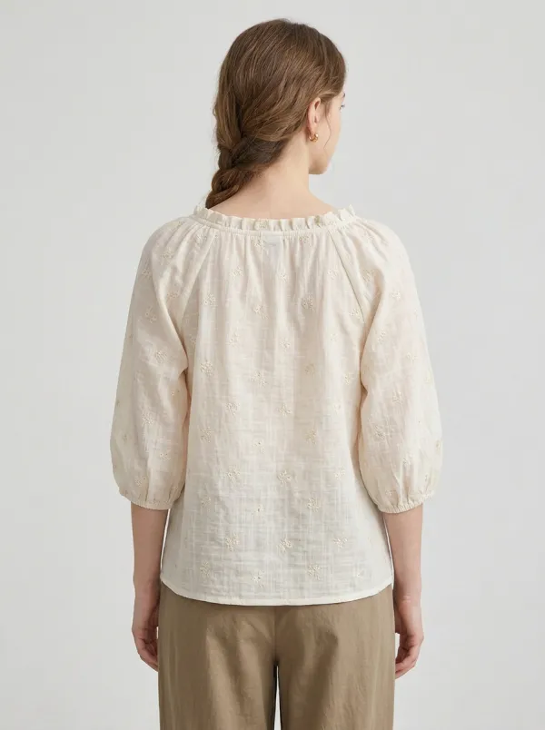 Embroidered Button-Front Women's Puff-Sleeve Blouse