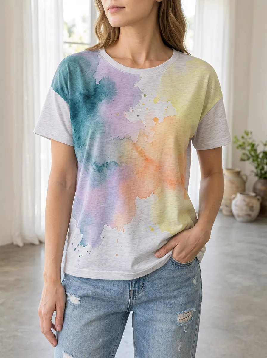 Women's Watercolor Splash Pattern Printed T-shirt