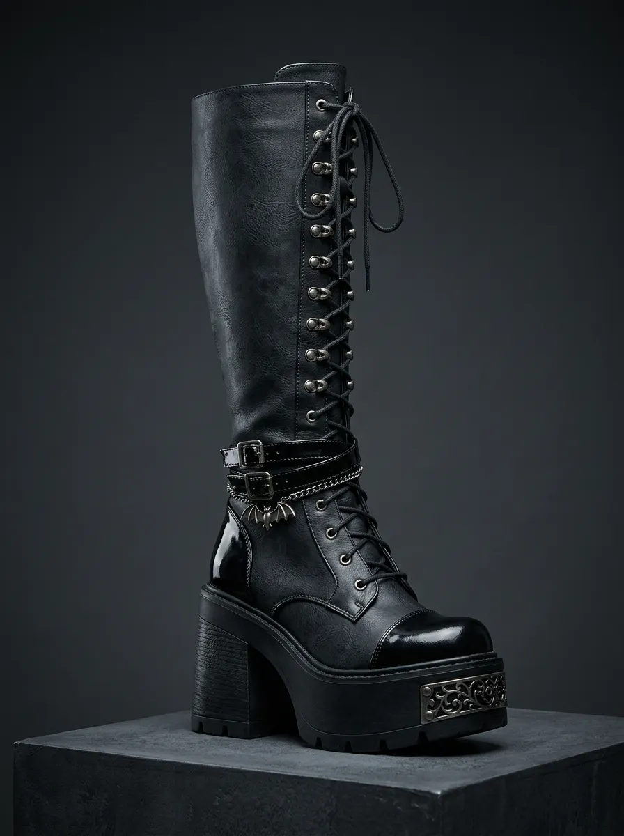 Ritual-Inspired Bat Lace Lace-Up Dark Look Women's Gothic Platform Knee High Boots