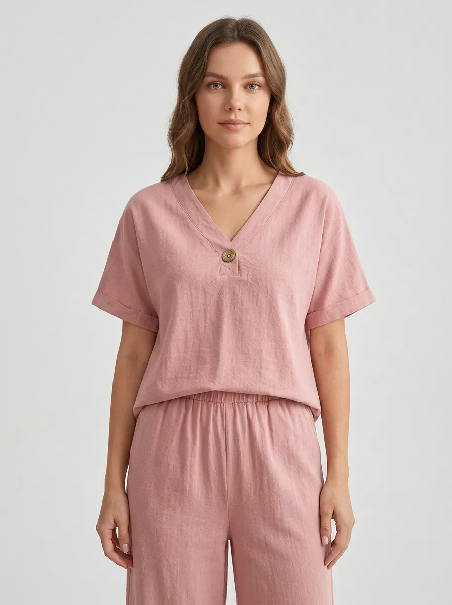 Button-Front Linen-Blend Women's V-Neck Shirt