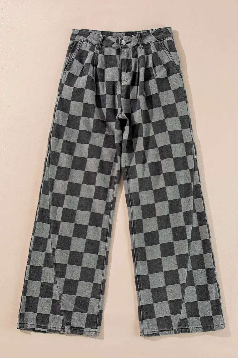 Checkered Wide Leg Jeans With Pockets