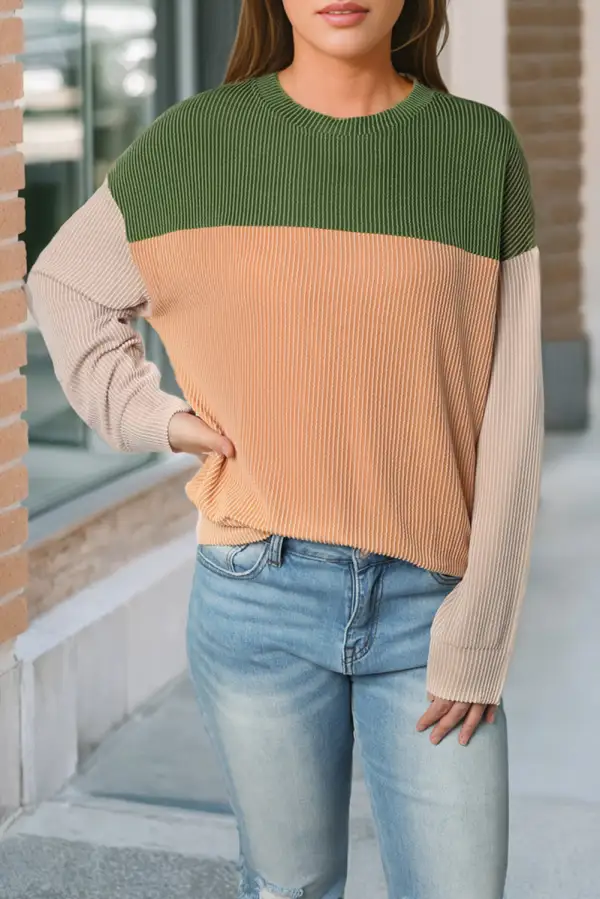 Colorblock Ribbed Long Sleeve Women's Top