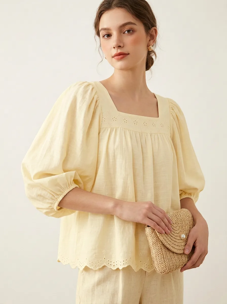Embroidered Eyelet Women's Puff-Sleeve Blouse