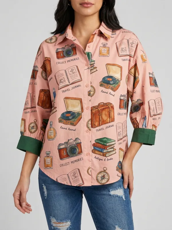 Women's Travel Hobby Vintage Camera Books Graphic Shirt
