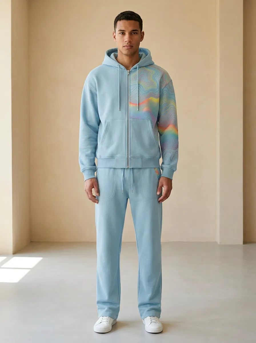 Men's Abstract Topographic Rainbow Printed Zip-up Hoodie Tracksuit