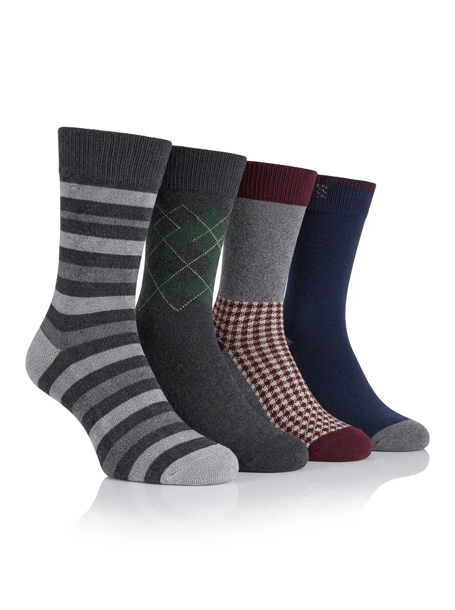 Men's Crew Socks Four-Pair Pack with Argyle Striped Ribbed Texture Textured