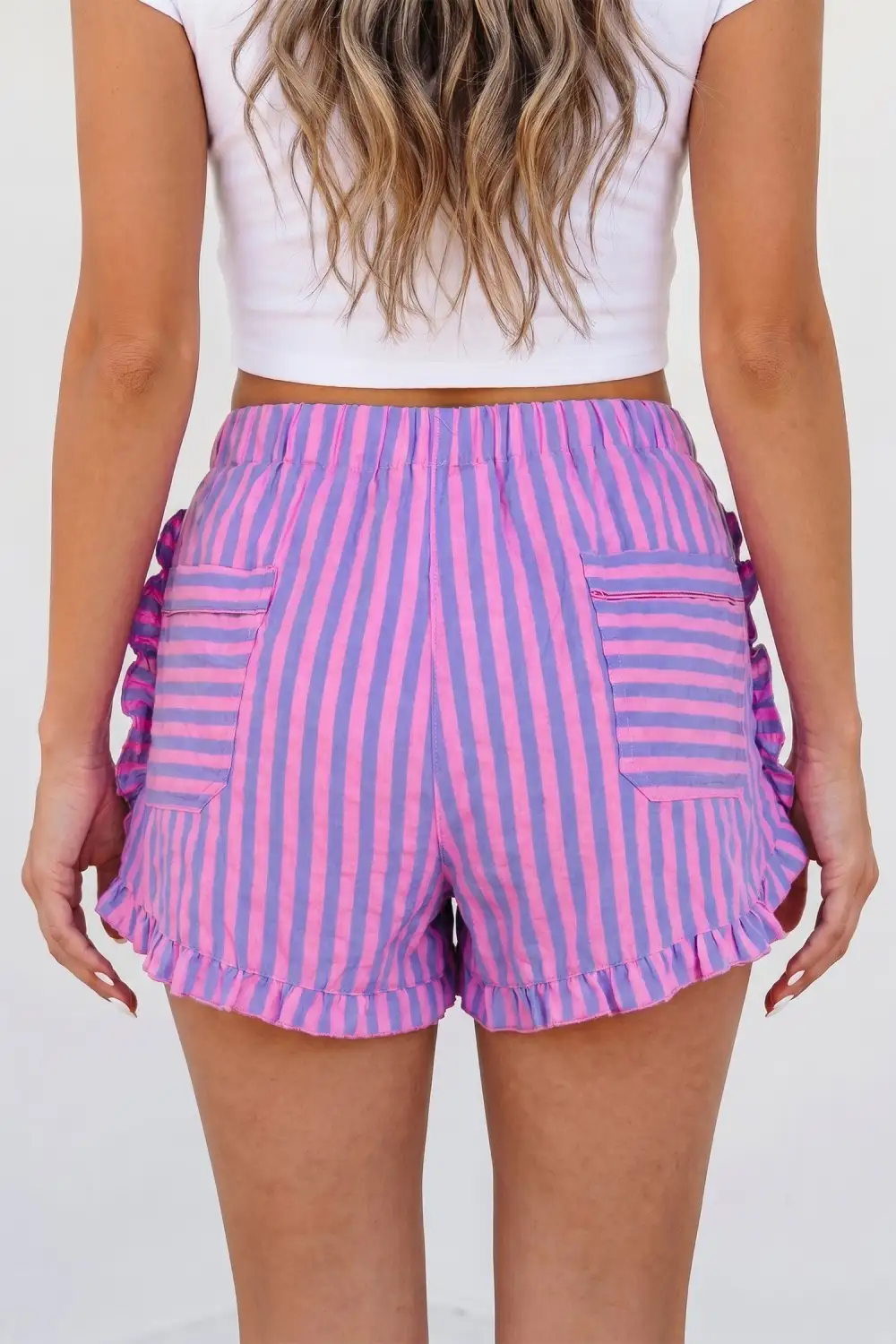 Elastic-Waist Ruffled Striped Casual Shorts