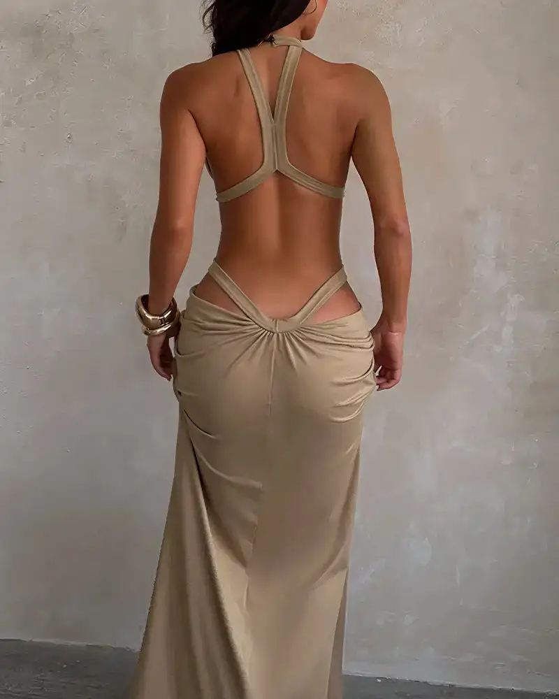 Goddess Halter Cutout Draped Maxi Dress