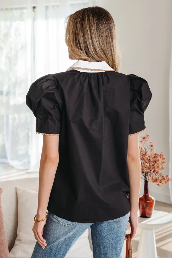Black Ricrac Trim Block Patchwork Blouse