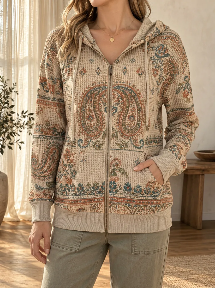 Women's Boho Paisley Signature Character Waffle Zip-Up Hoodie