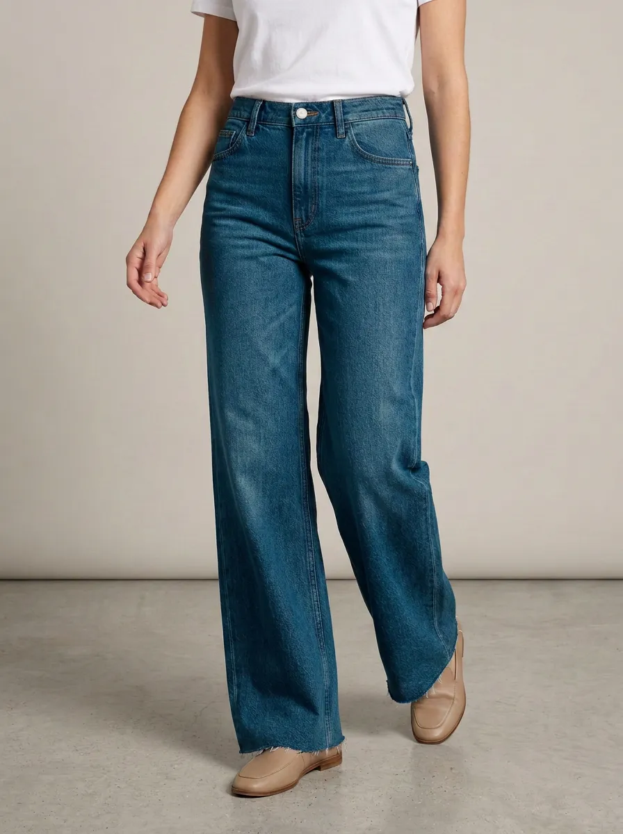 Wide-Leg High-Rise Raw-Hem Casual Denim Jeans