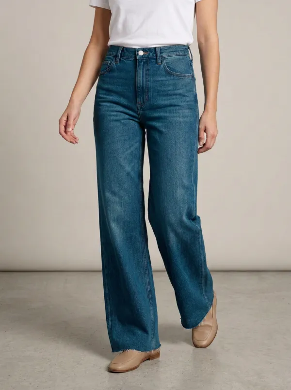 Wide-Leg High-Rise Raw-Hem Casual Denim Jeans