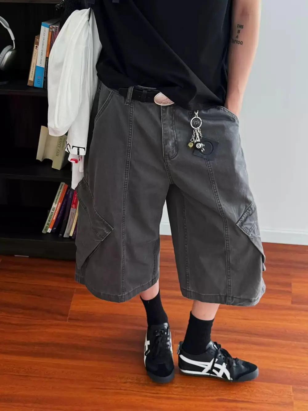 Angled Pocket Washed Denim Shorts