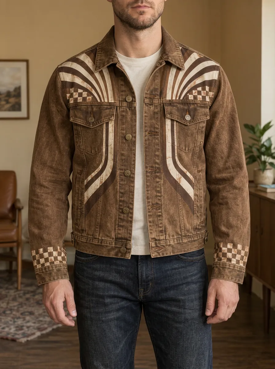 Men's Vintage Retro Checkerboard Sunburst Denim Rugged Journey Jacket