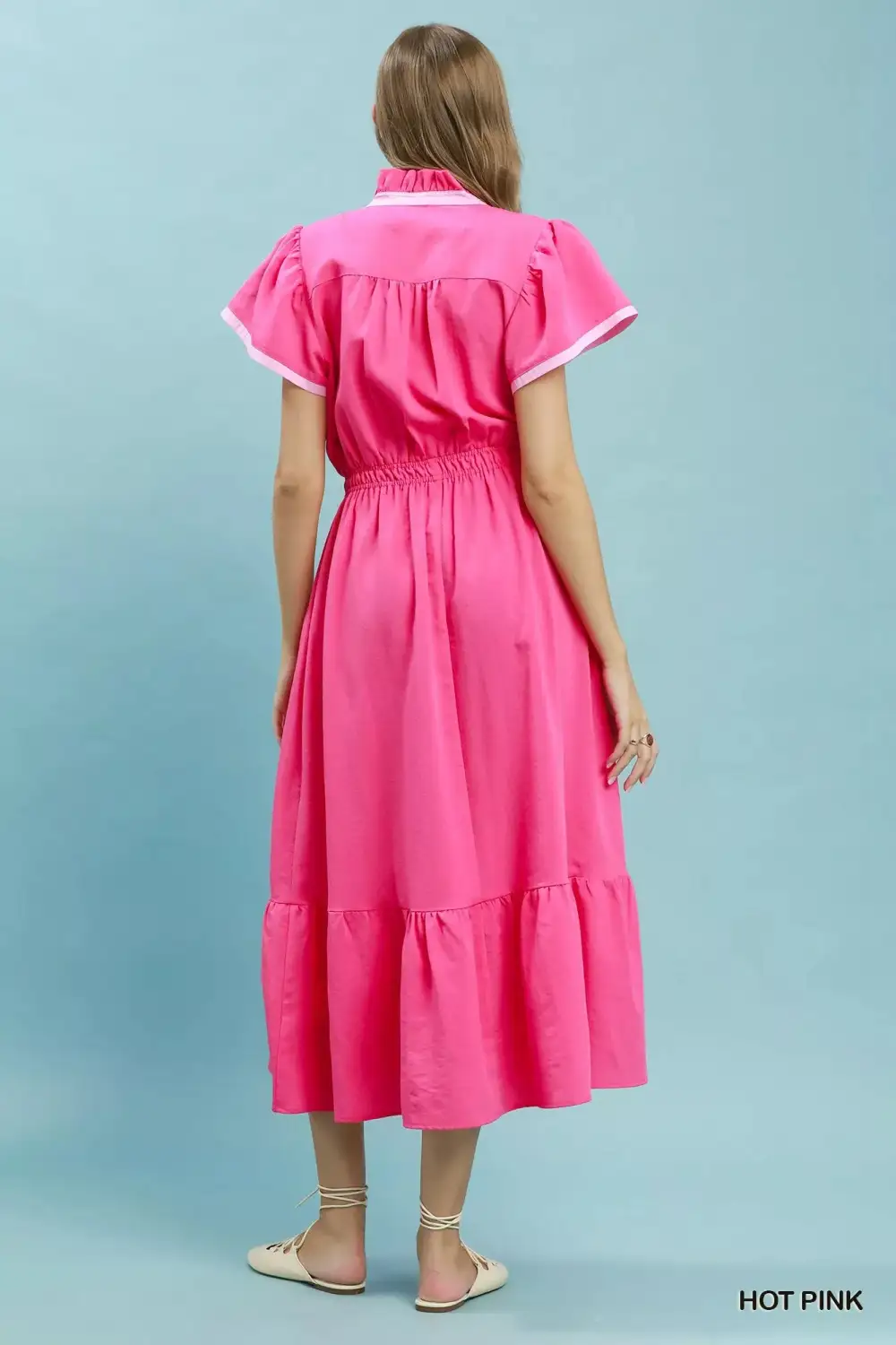 Contrast Trim Midi Dress with Tiered Ruffle Hem