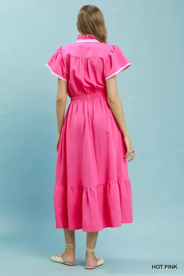 Contrast Trim Midi Dress with Tiered Ruffle Hem