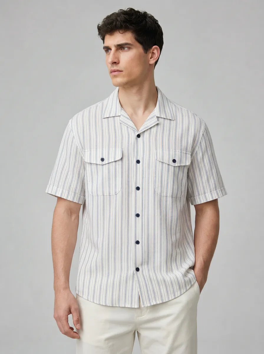 Men's Casual Summer Vertical Striped Button Down Short Sleeve Shirt