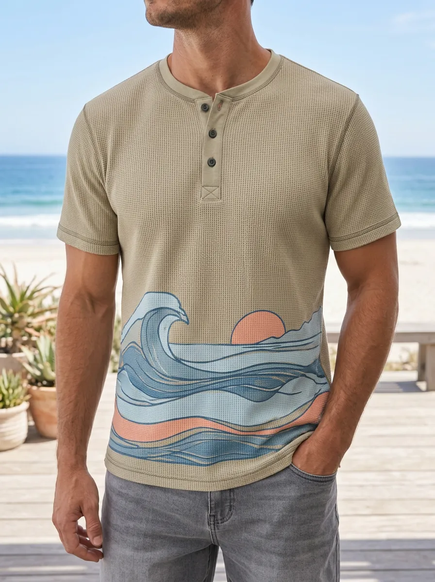 Men's Relaxed Beach Lover Ocean Wave Sunset Henley T-Shirt