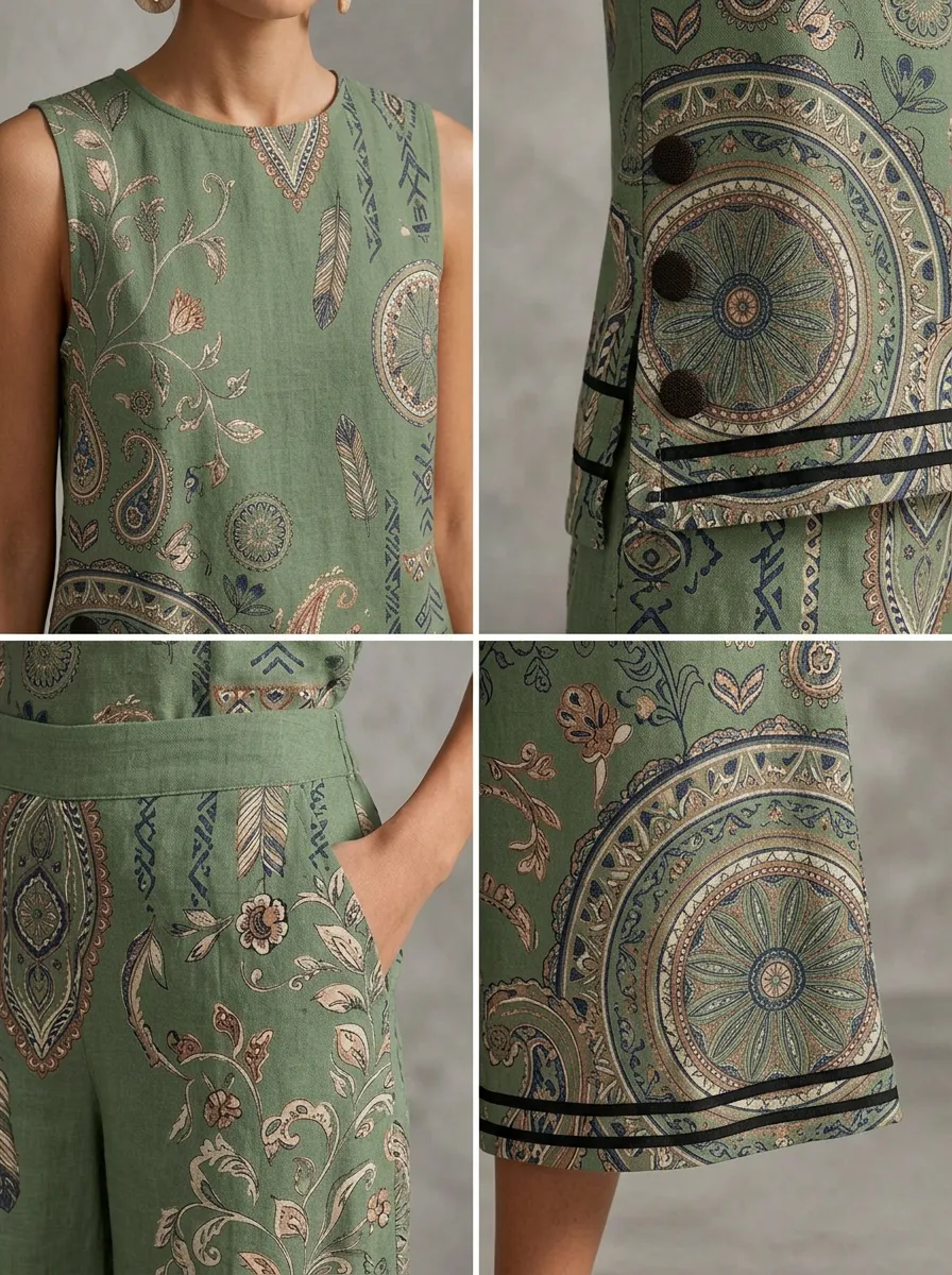 Women's Boho Paisley Feather Printed Sleeveless Set