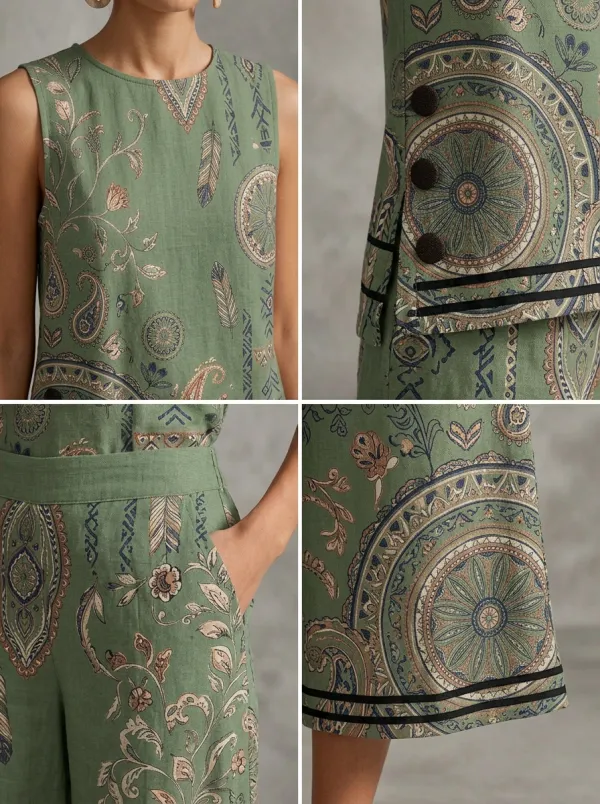 Women's Boho Paisley Feather Printed Sleeveless Set