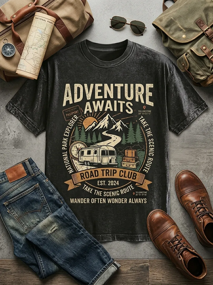 Unisex Road Trip Lover Adventure Awaits Camper Printed T-shirt