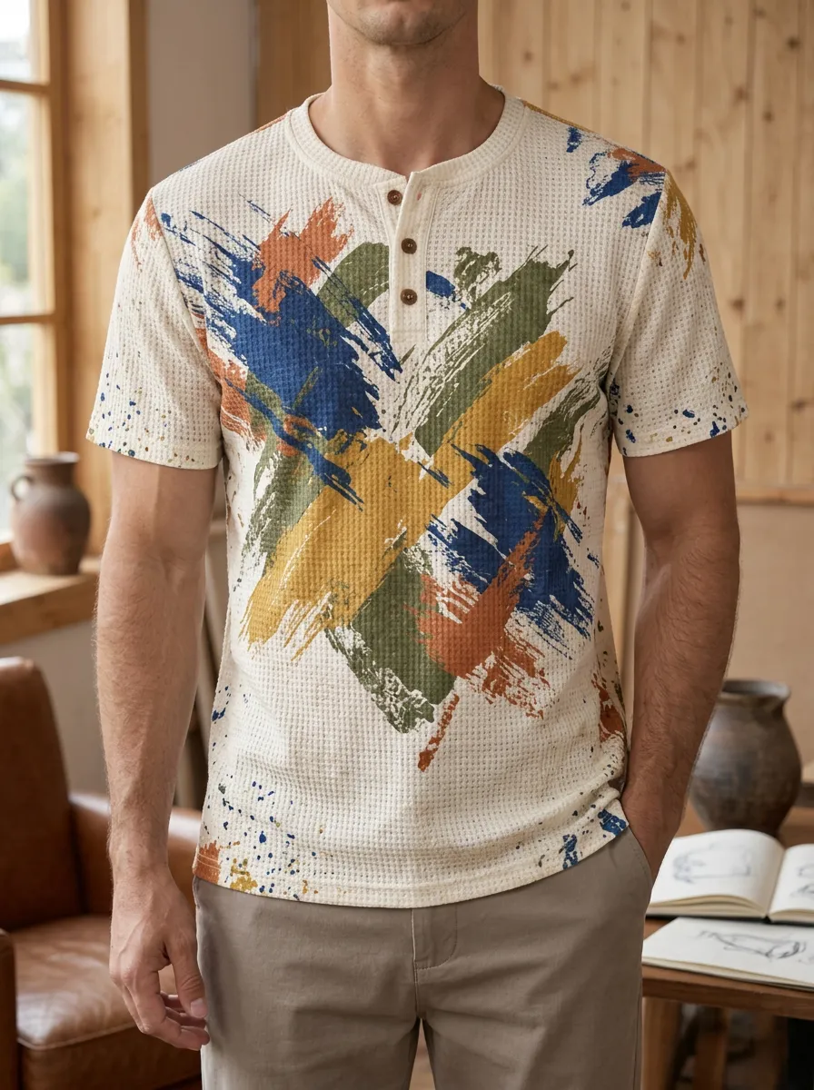 Men's Fresh Abstract Paint Stroke Waffle Knit Henley T-Shirt