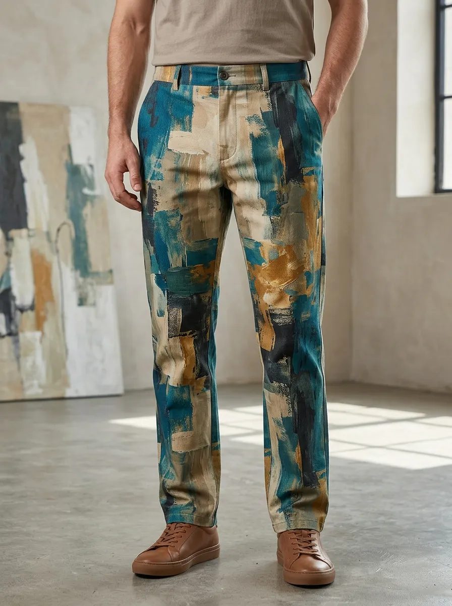 Men's Abstract Art Style Teal Beige Brushstroke Printed Pants