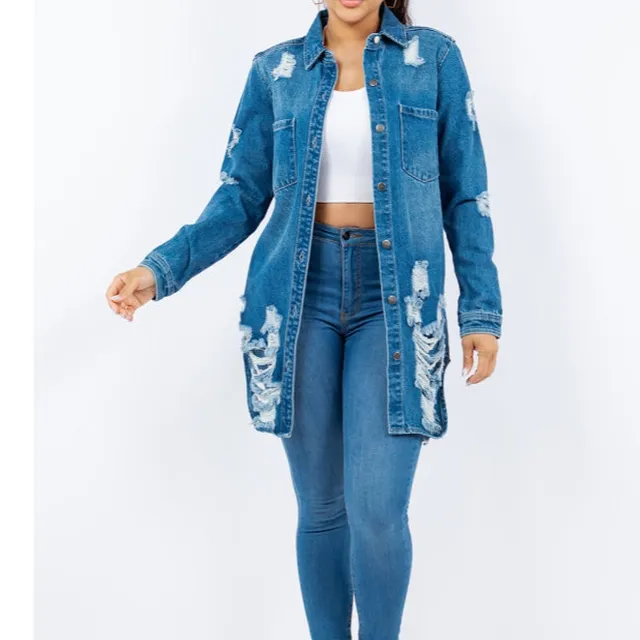 Distressed Button-Up Long-Sleeve Denim Jacket