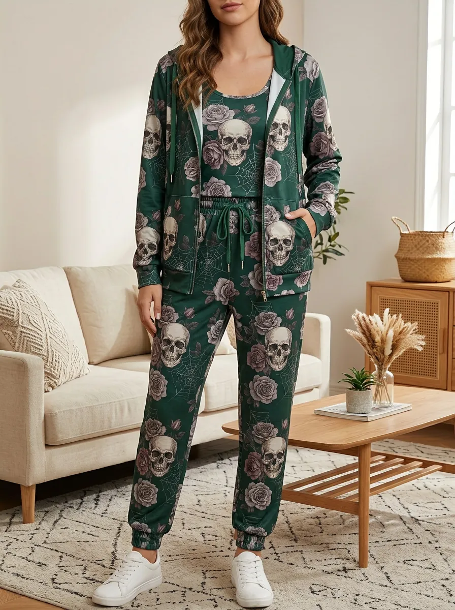 Women's Halloween Gothic Skull Rose Three-Piece Hoodie Tank Jogger Set