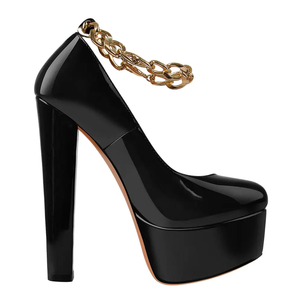 Patent Finish Round Toe Platform Chunky Heel Chain Accent Pumps
