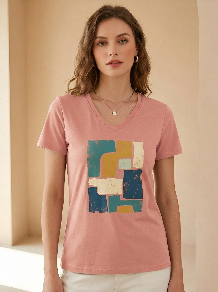 Women's Abstract Geometric Art Printed V-Neck T-Shirt Everyday Design