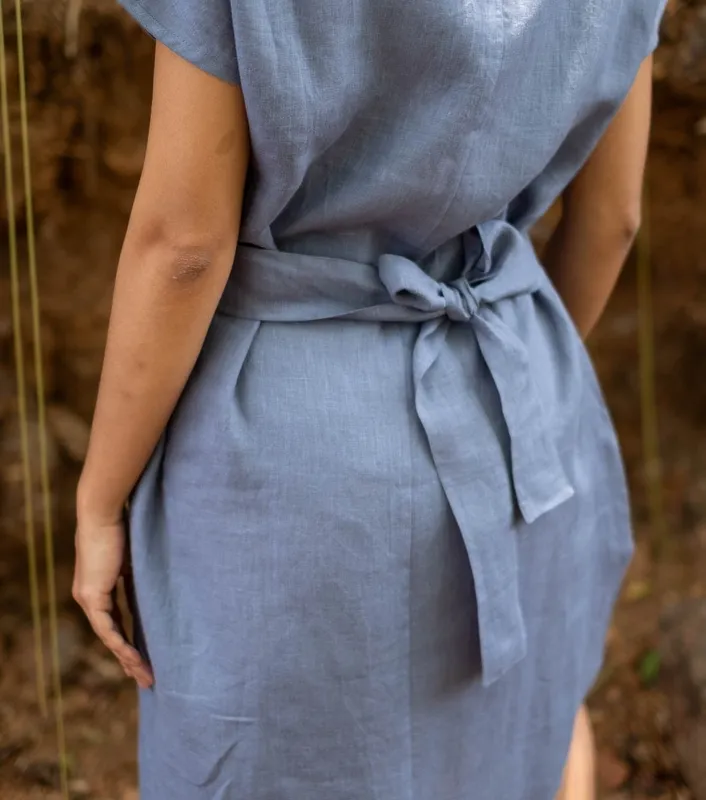 Wildflower Blue Linen V-Neck Shift Dress