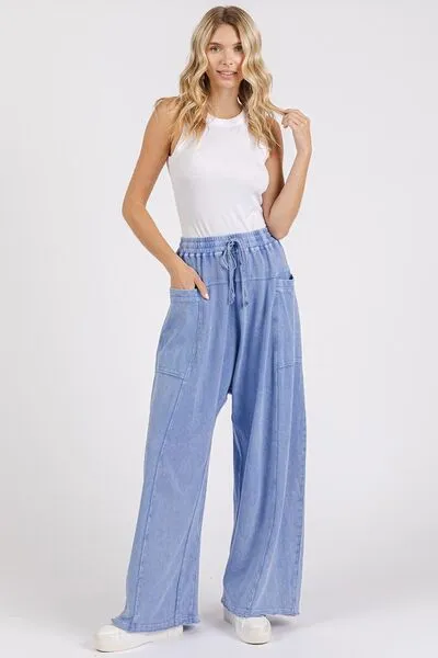 Mineral Wash Elastic Waist Baarrel Leg Pants