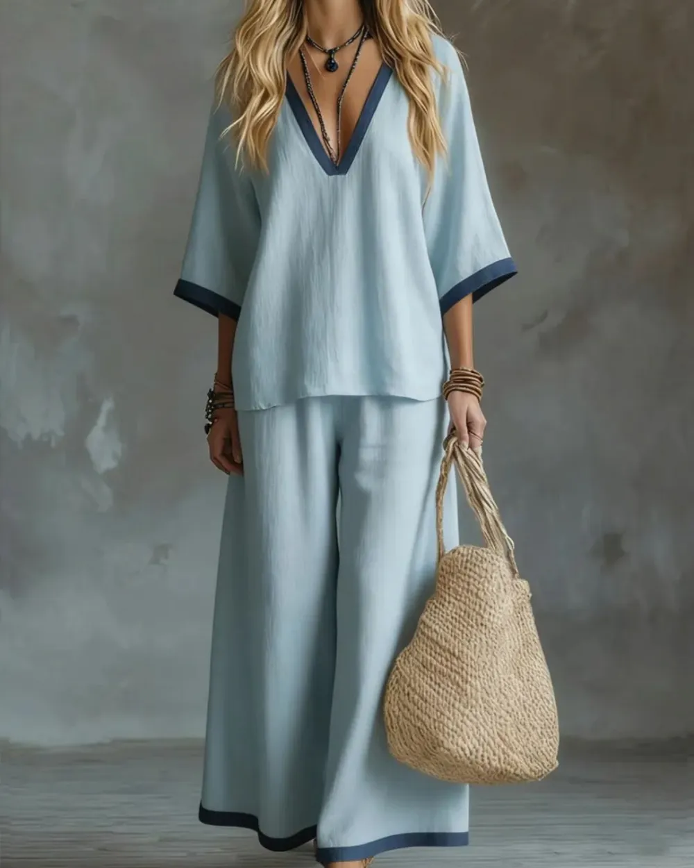 Deep V-Neck Contrast-Trim Two-Piece Set