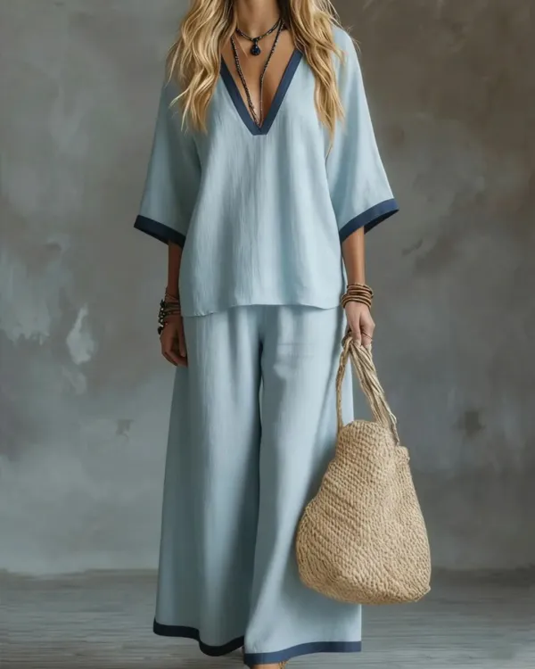 Deep V-Neck Contrast-Trim Two-Piece Set